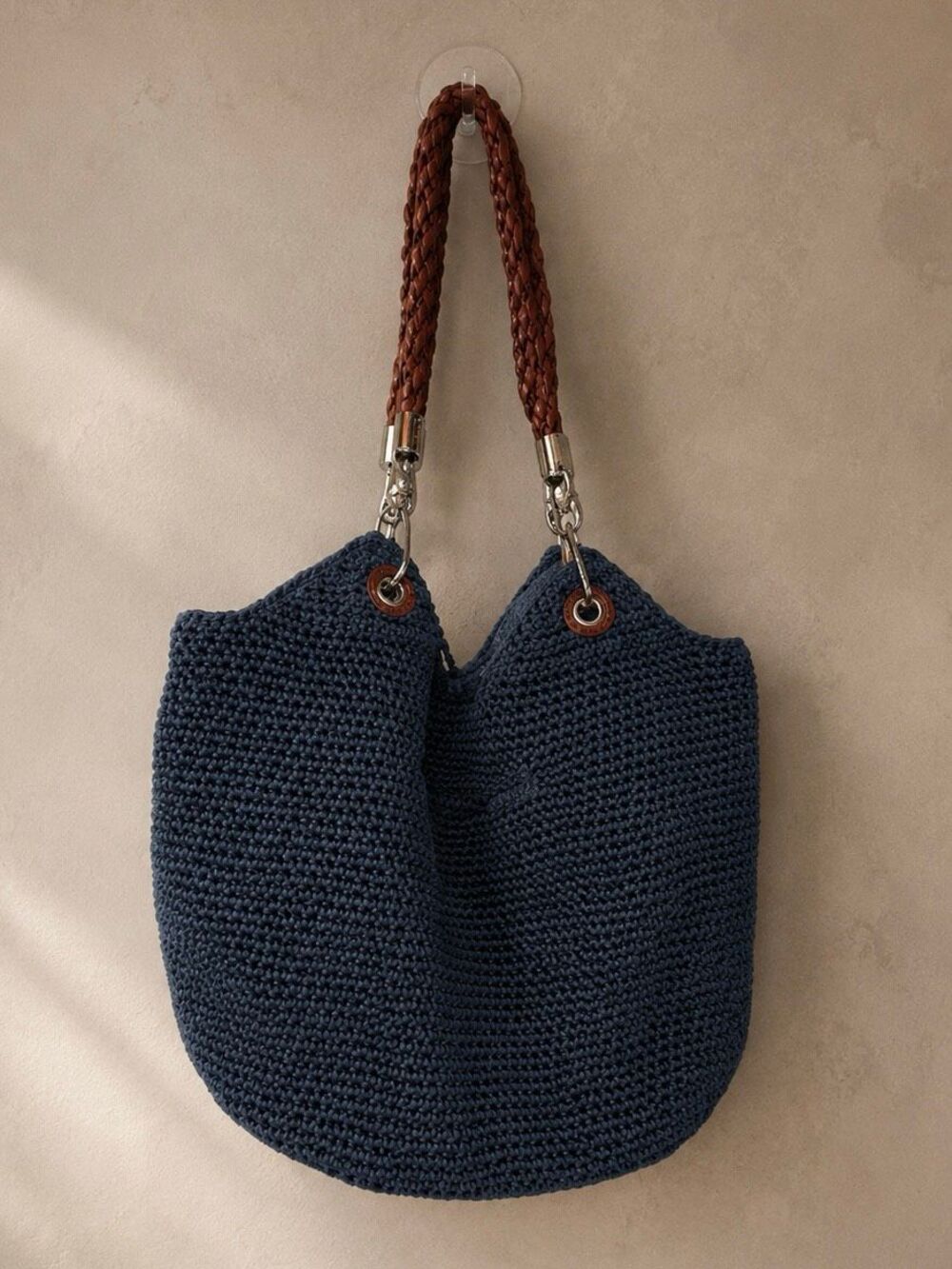 The Sak Indio Crochet Hobo Bag Navy Blue Braided Strap Shoulder Bag